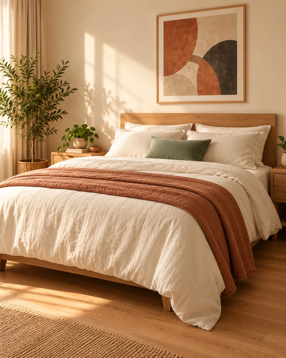 Ivory linen bedding with a terracotta coverlet and sage pillow against an oak headboard. Concept imagery.