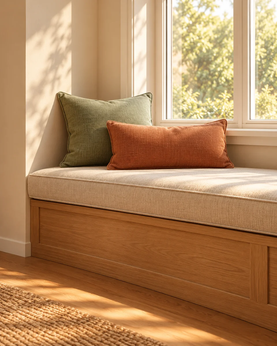 A fitted cream seat cushion with sage and terracotta throw pillows on an oak window bench. Concept imagery.