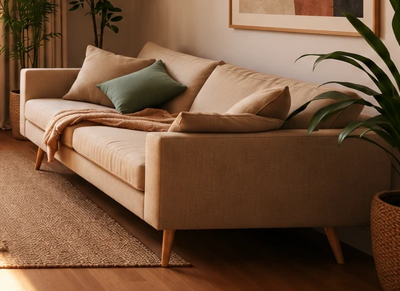 A cream sofa with sage and terracotta textiles in the concept living room.