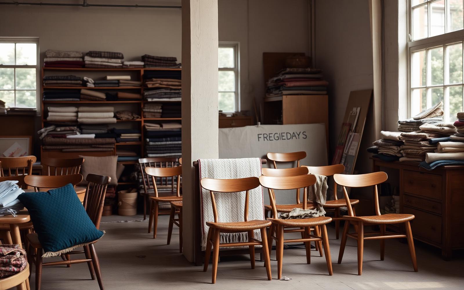 A furniture workshop with wooden chairs and fabric swatches
