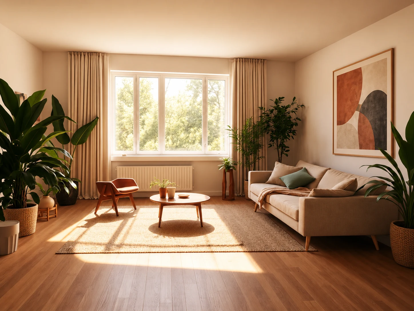 A warm living room with an oak-framed artwork, soft textiles and natural afternoon light. Concept image.