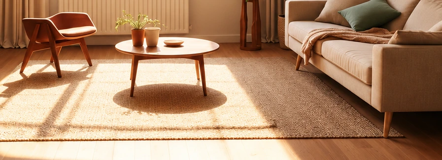 A textured neutral rug anchoring an oak coffee table and seating area. Concept imagery.