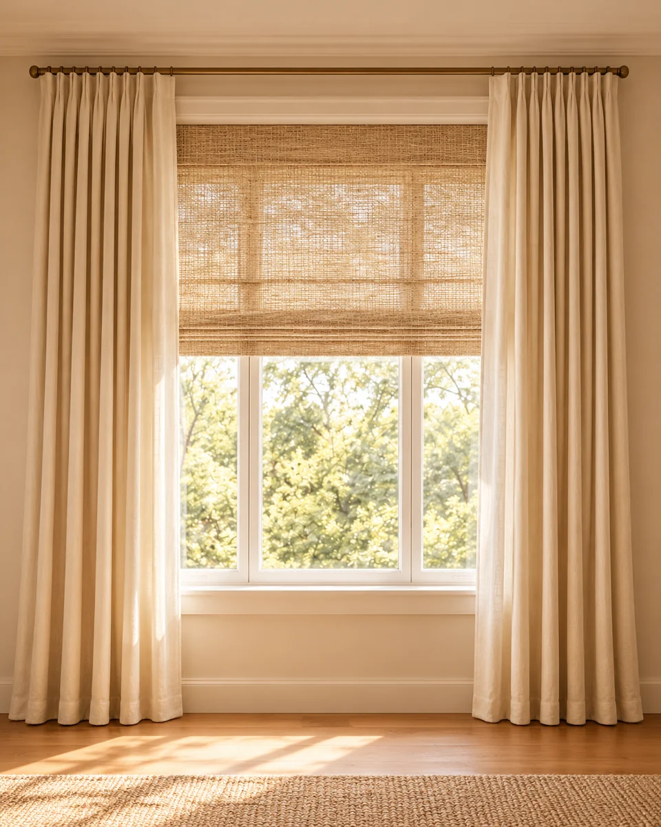 Ivory linen curtains layered with a woven Roman shade in a warm neutral room. Concept imagery.
